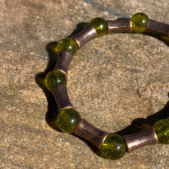 Wanderer and Gatherer Bracelet - Peridot and Brass bamboo style beads SM - Picture 1 of 5